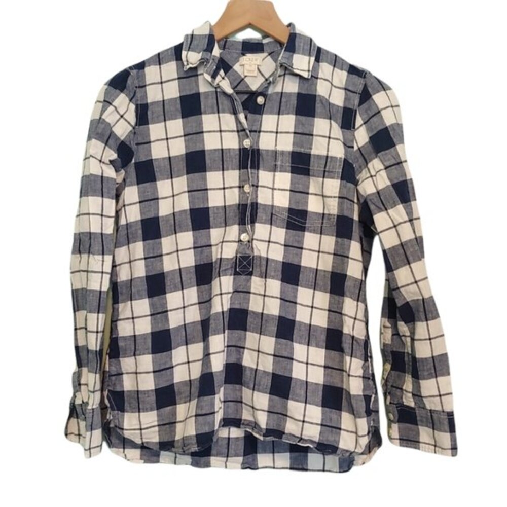 J. Crew Factory Blue & White Plaid Popover Long Sleeve Top Size XS